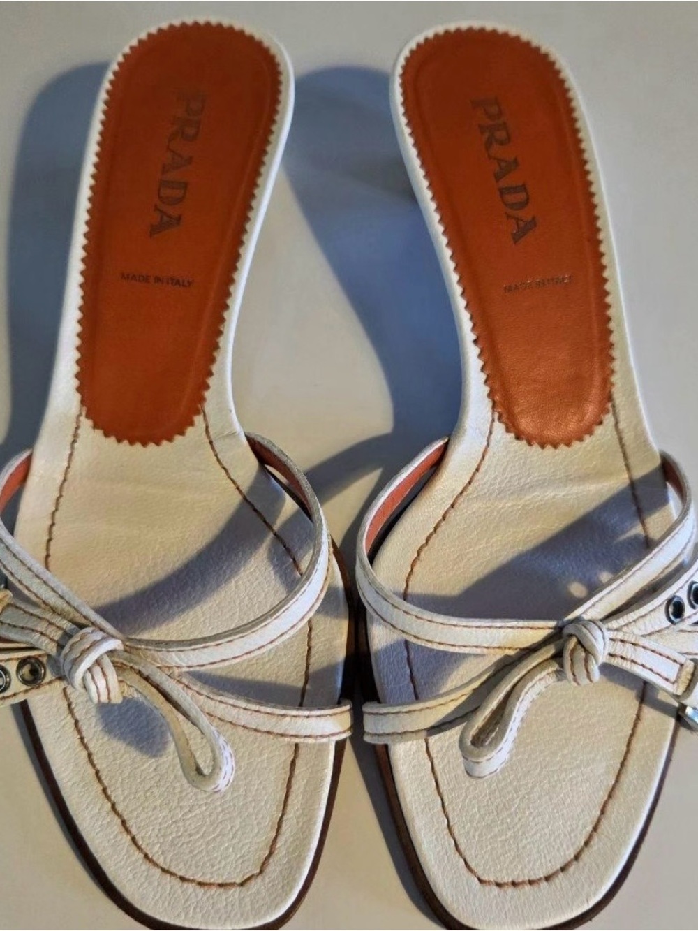 Prada White Leather Knot Slide Mules with Brown Insole